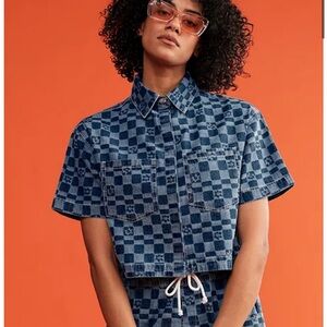 Roxy Blue Checkered Denim Crop Top